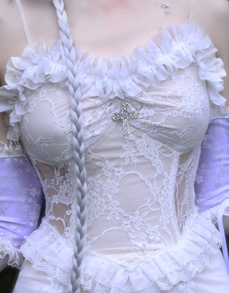 Lolita Gothic white Lace drawstring dress LG1002
