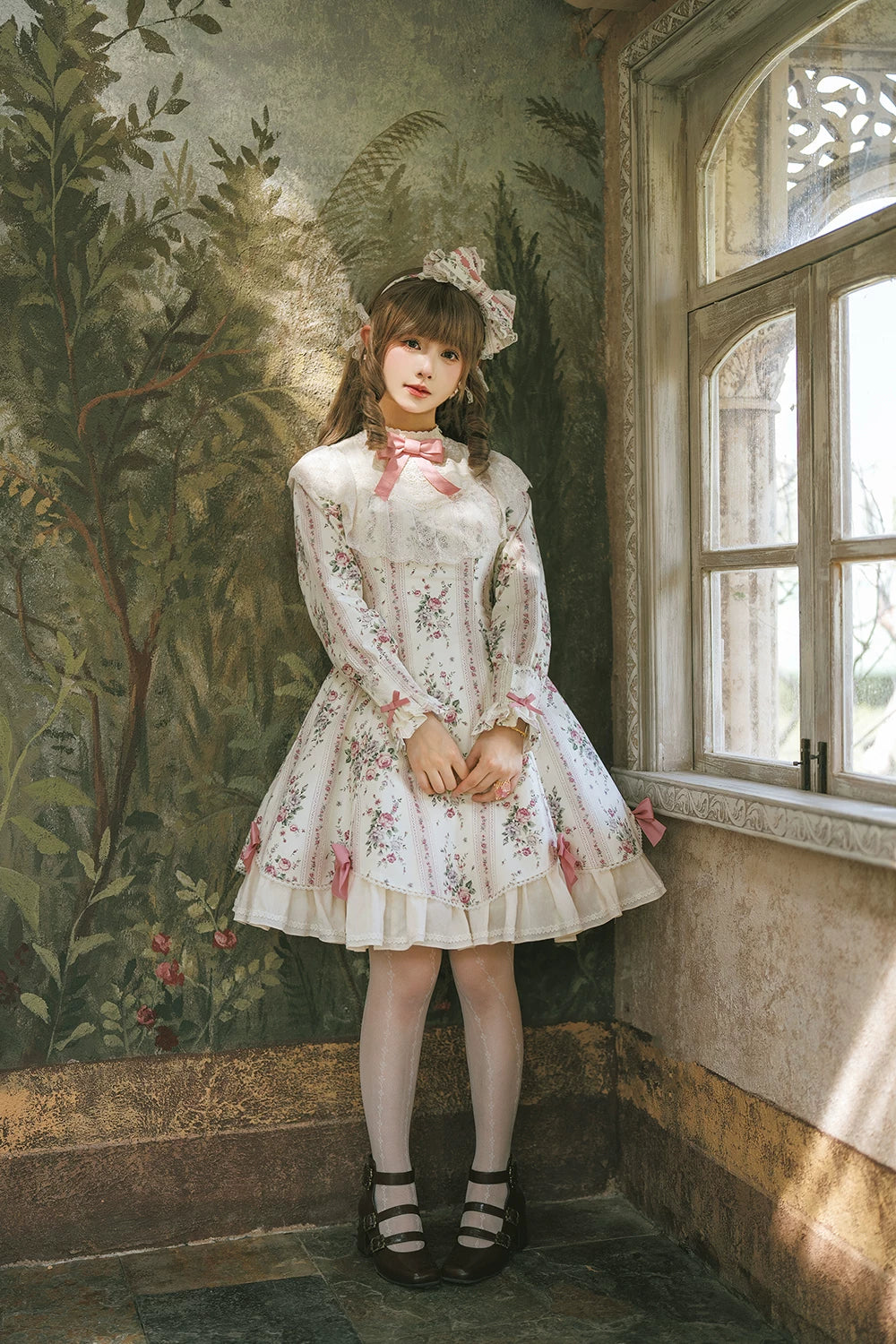 Susans Garden Pastel Floral Long Sleeve Lolita OP Dress Set