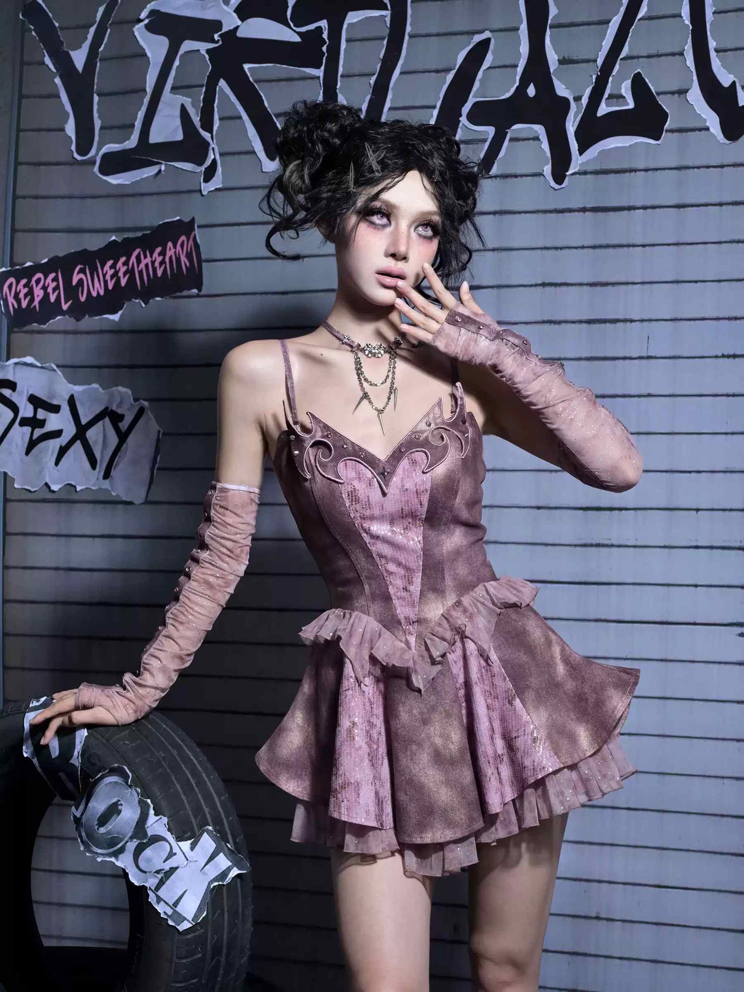 Y2K Edgy Rivet Denim Set with Leg Harness LE1021