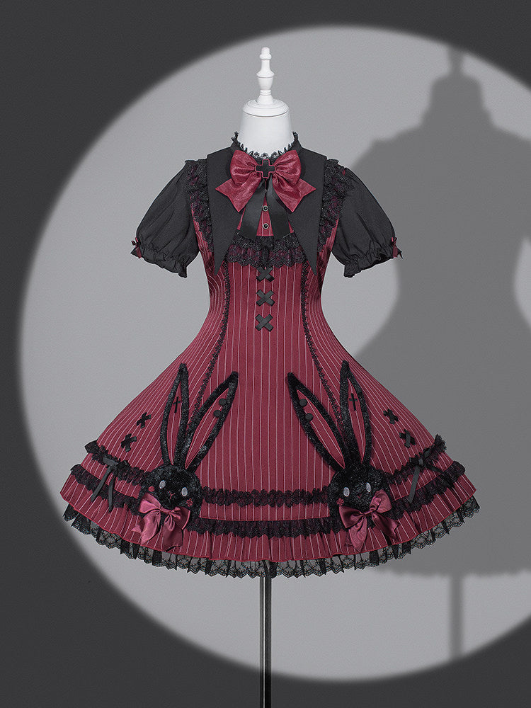 Dark Bunny Striped Gothic Lolita Dress with Rabbit Ear Hat and Tail