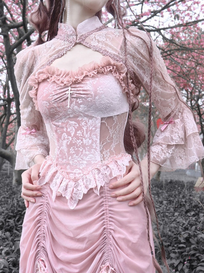 Lolita Gothic Pink Embroidered Lace Slip Dress LG1004
