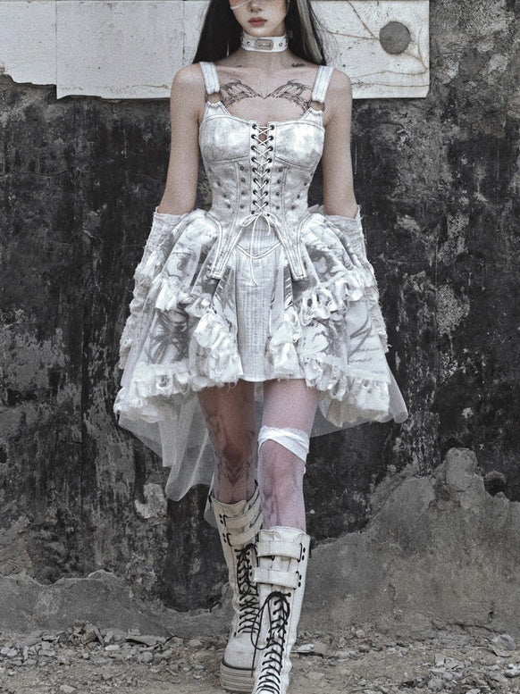Lolita White Tie-Dye Punk Suspender Dress LG1020
