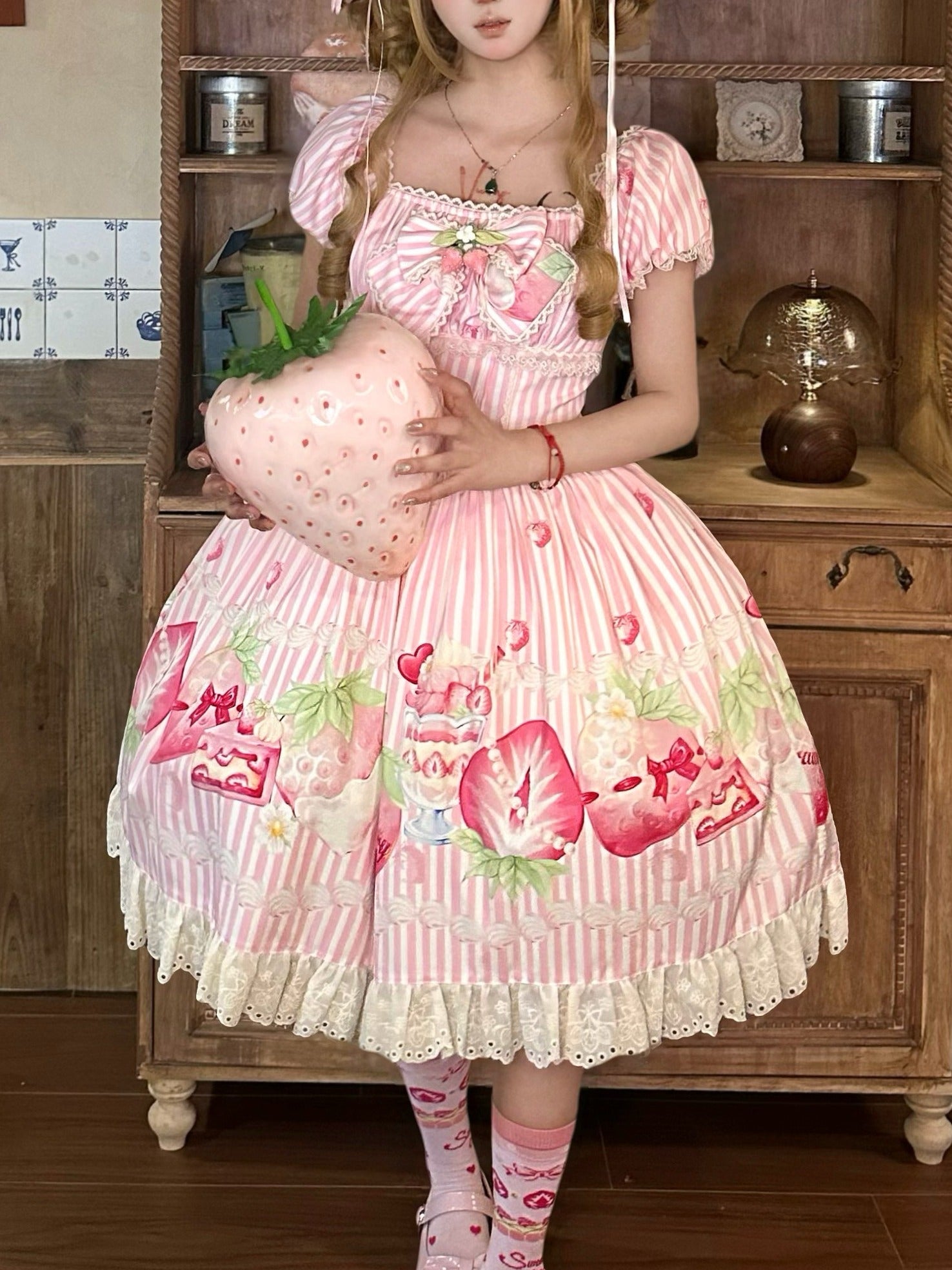 Strawberry Fairy Realm Sweet Stripe Lolita Print OP Dress
