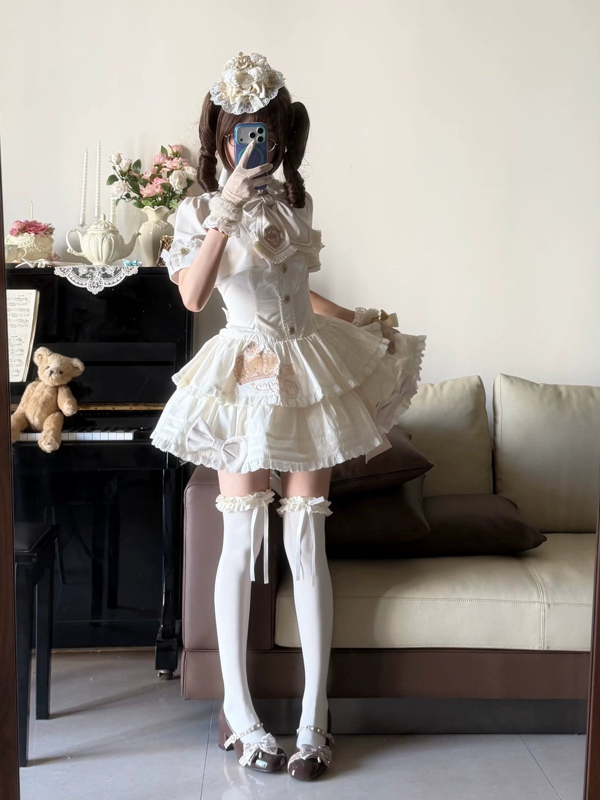White Striped Crown Idol Academy Lolita Fake Two-Piece OP Dress