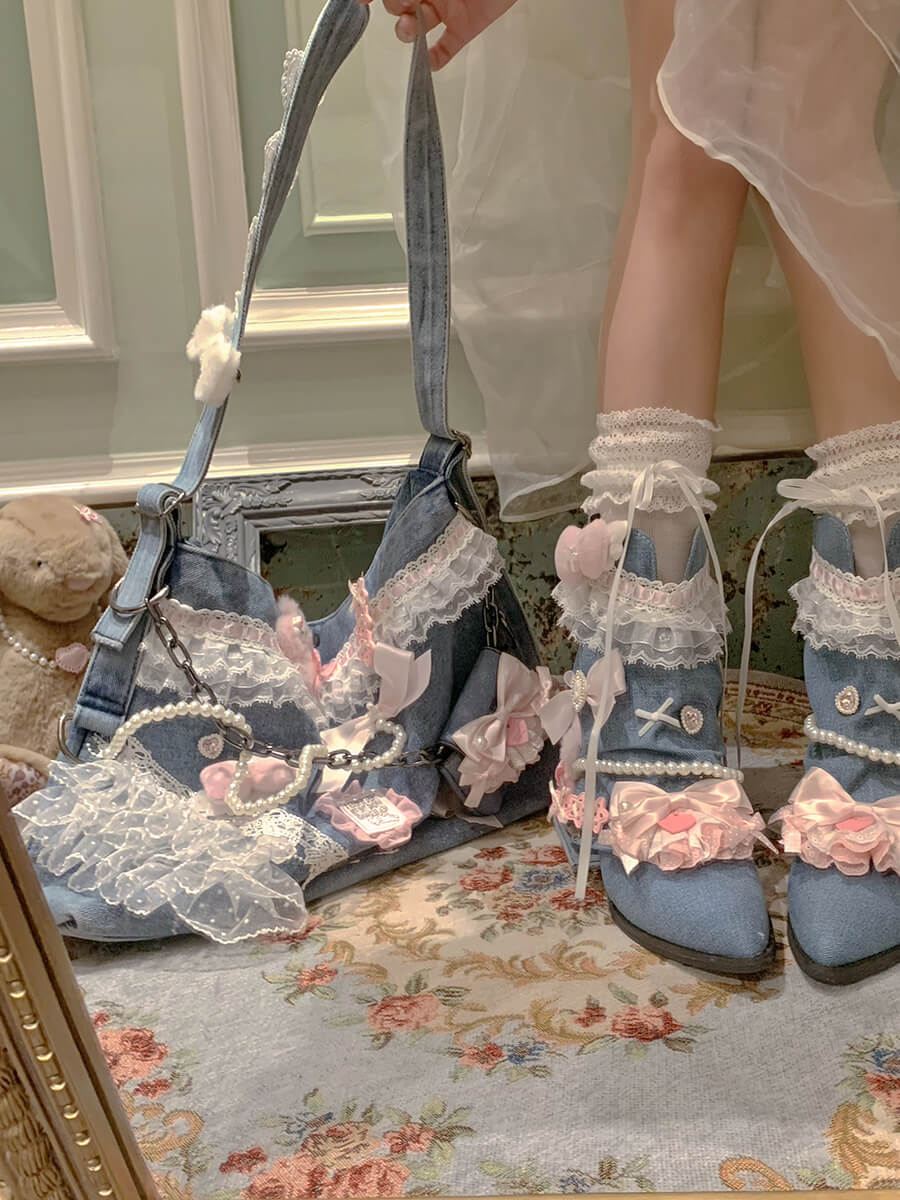 Lolita Bow Lace Denim Pointed Toe Ankle Boots LE5003