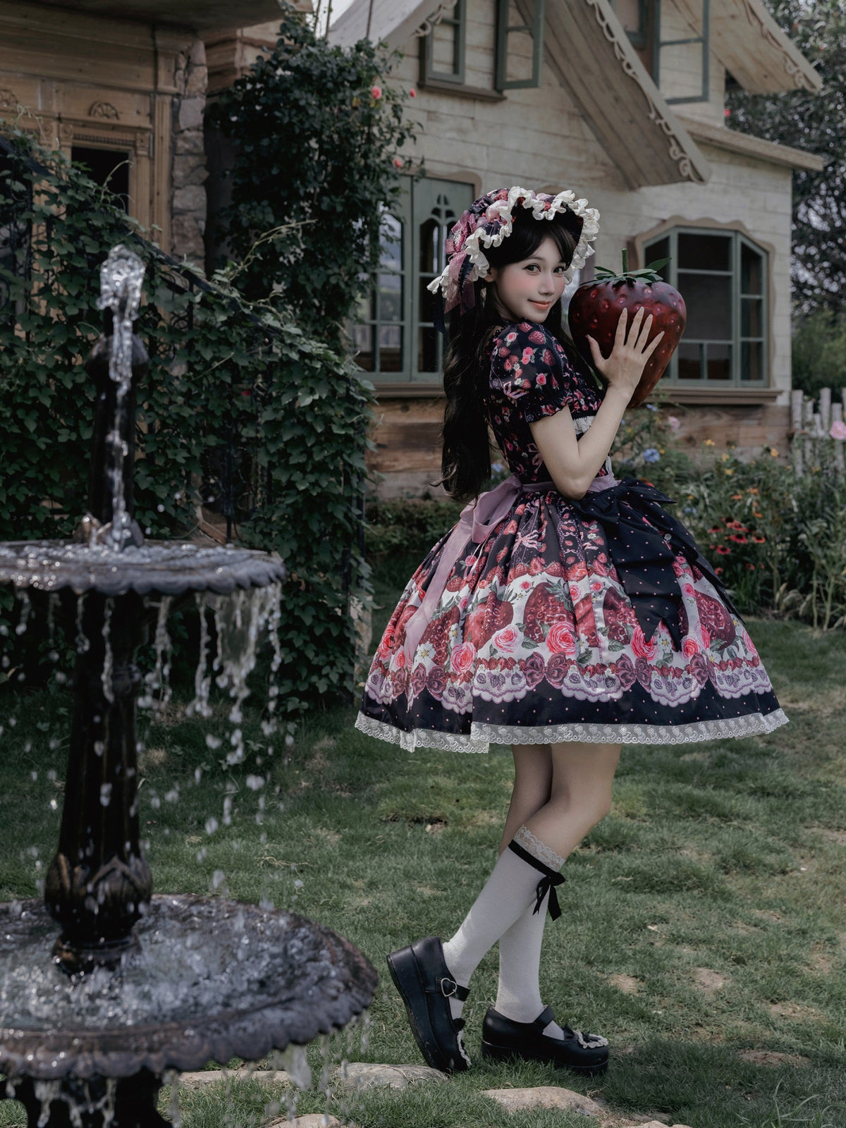 Rotten Berry Fairy Tale Strawberry Print Sweet Gothic Lolita OP Dress