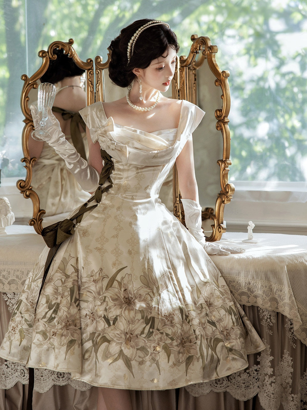Uncharted Stars Ivory Gold Lily Print Elegant Classic Lolita Dress
