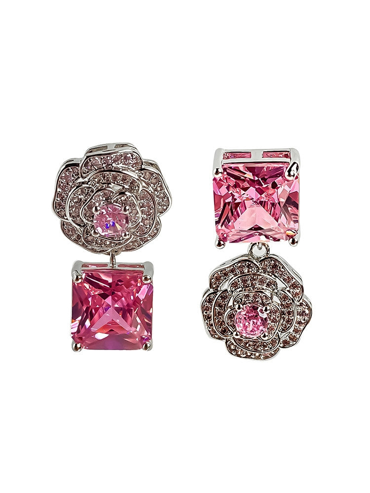 Icy Camellia Lolita Pink Crystal Gem Earrings