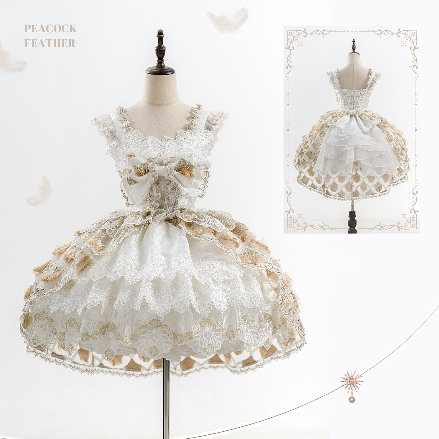 Peacock Feather SP Bridal Lolita White & Gold JSK Dress