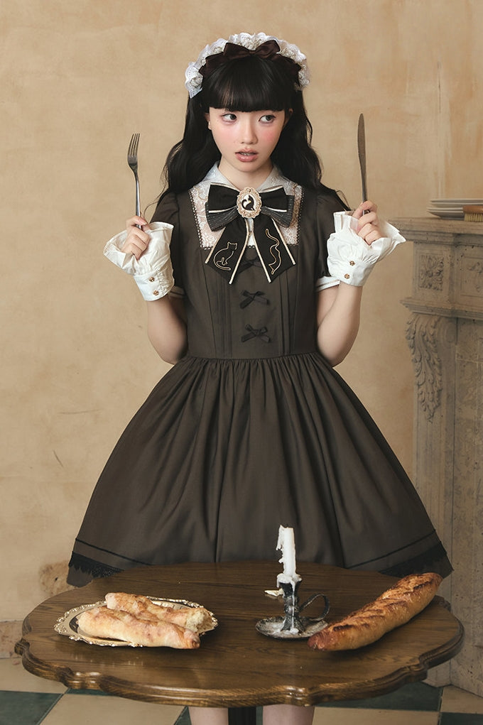 Refreshing Tea Party Lolita Cat Embroidered OP Dress