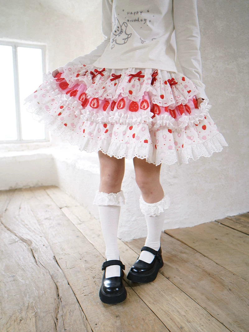 Strawberry Scent Cake Cross-section Print Lace Short Skirt
