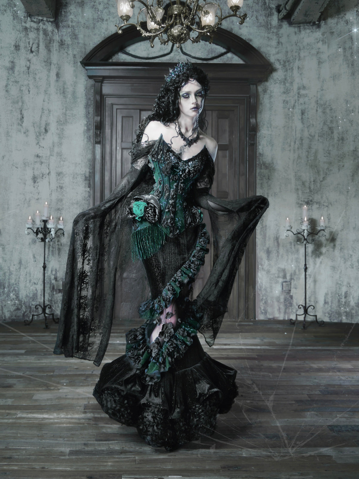 Sale at 20:00, Oct 20th. Emerald Night Gothic Halloween Imperial Green Boned Corset & Mermaid Skirt Set
