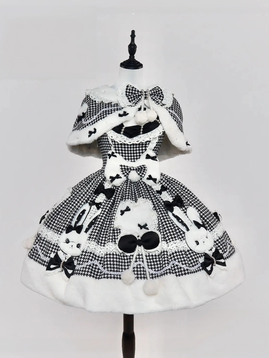 Bunny Ball 2.0 Lolita Winter Doll Style JSK Cape Set Black Plaid Version