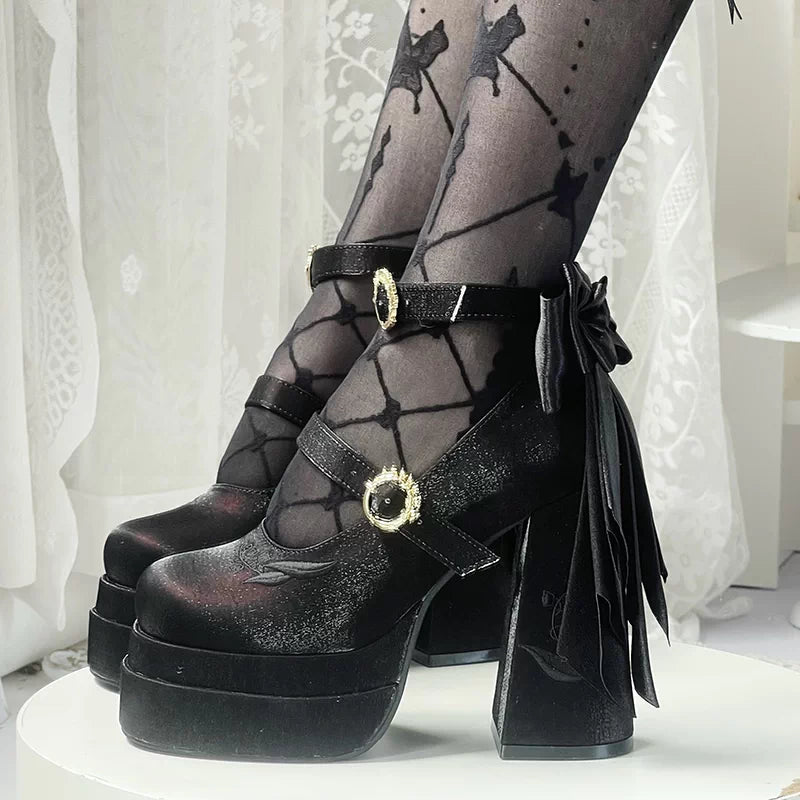 Elegant Jacquard Platform Mary Jane Heels with Butterfly Bow Sweet Lolita Shoes
