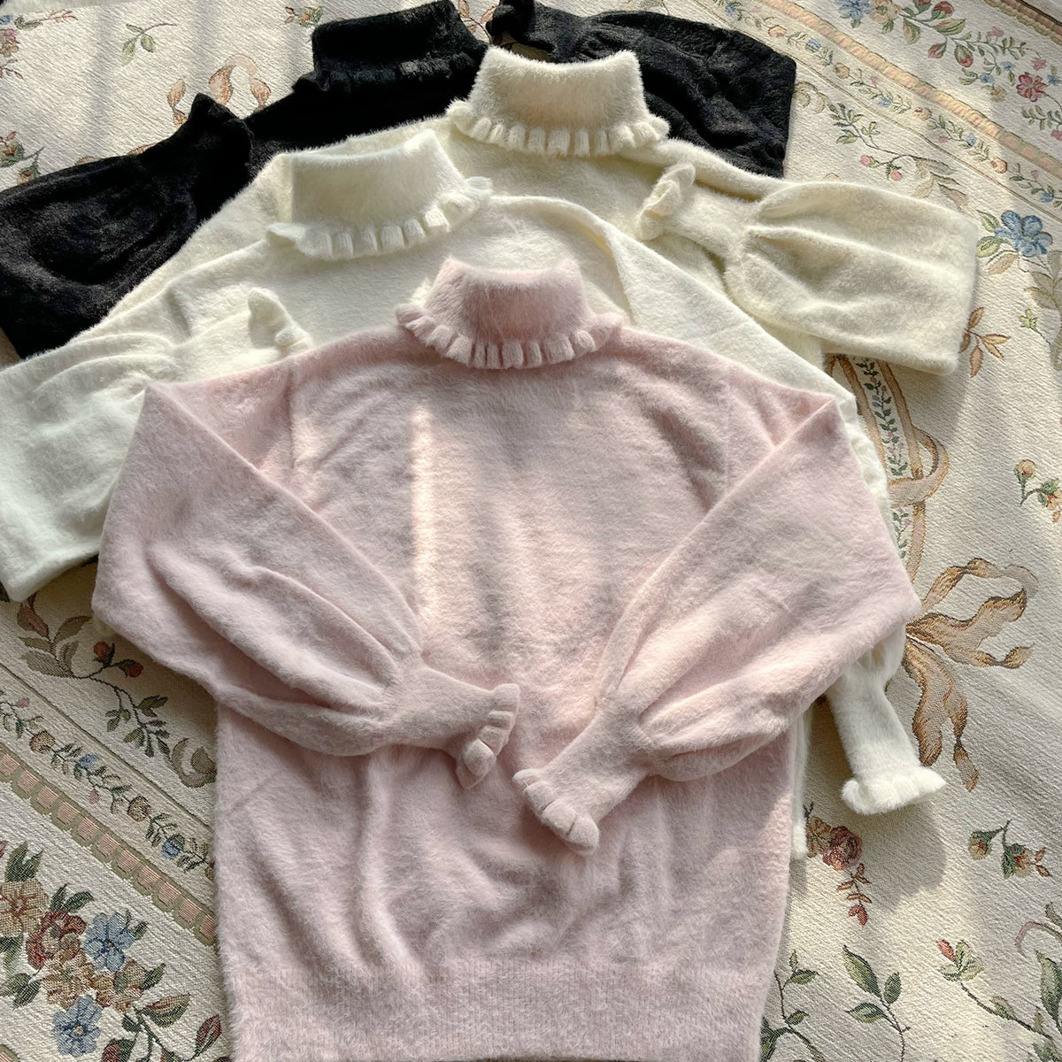 Sweet Lolita Faux Mink Knit Puff Sleeve Sweater with Collar Options
