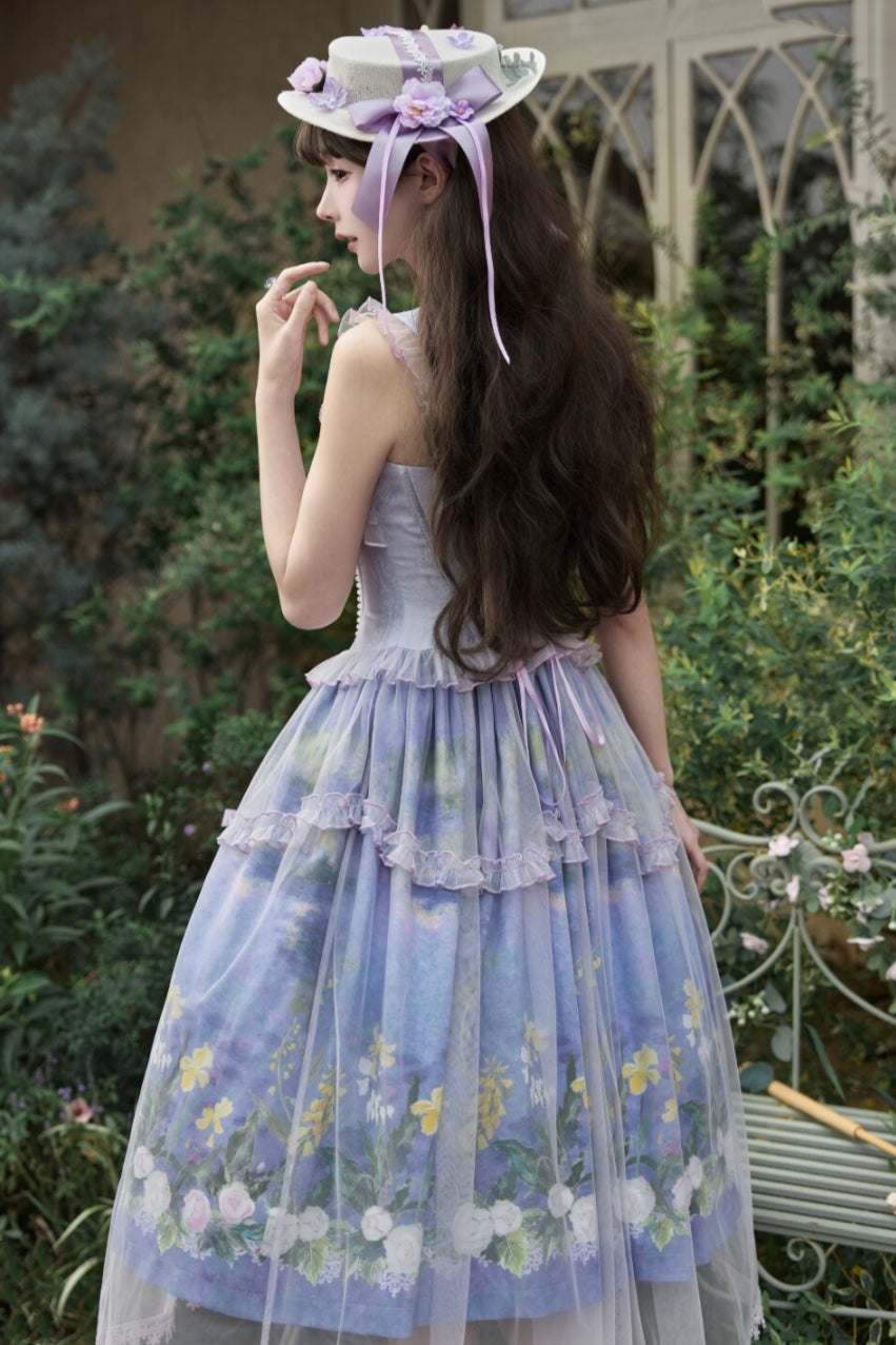 Violet‑Hued Lake Classic Oil‑Painting Printed Tulle Lolita JSK Dress