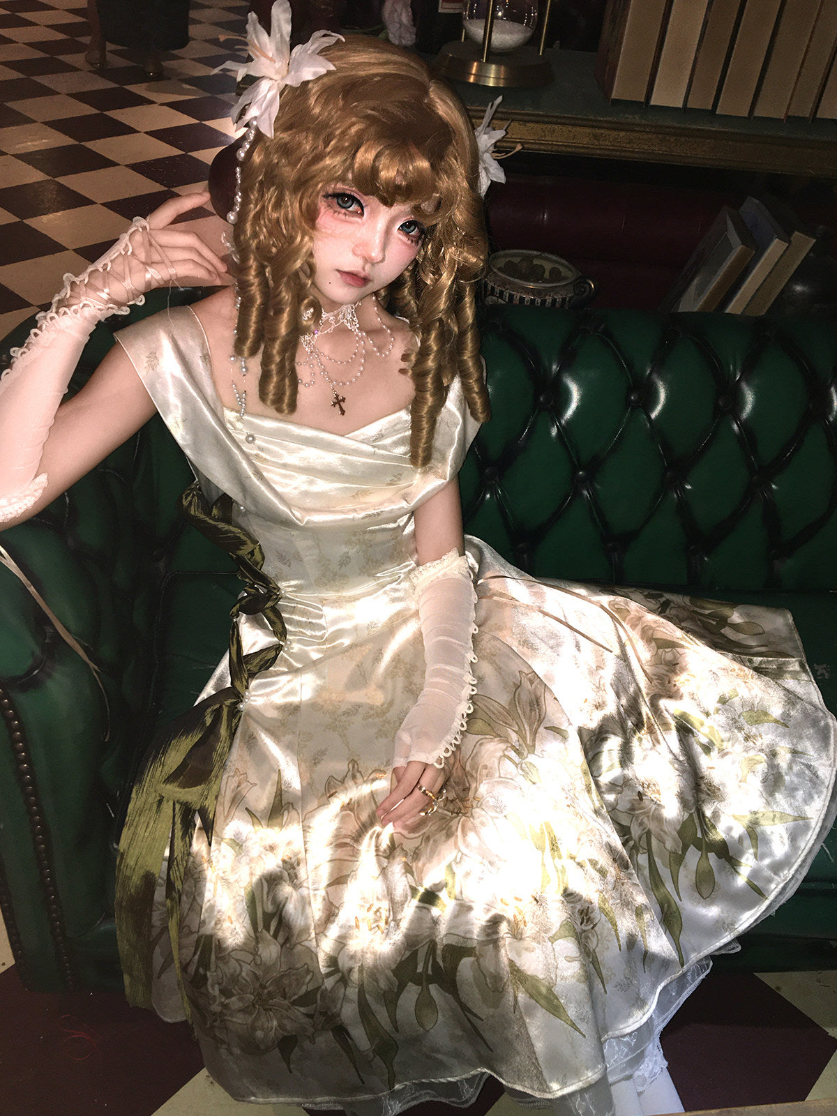 Uncharted Stars Ivory Gold Lily Print Elegant Classic Lolita Dress