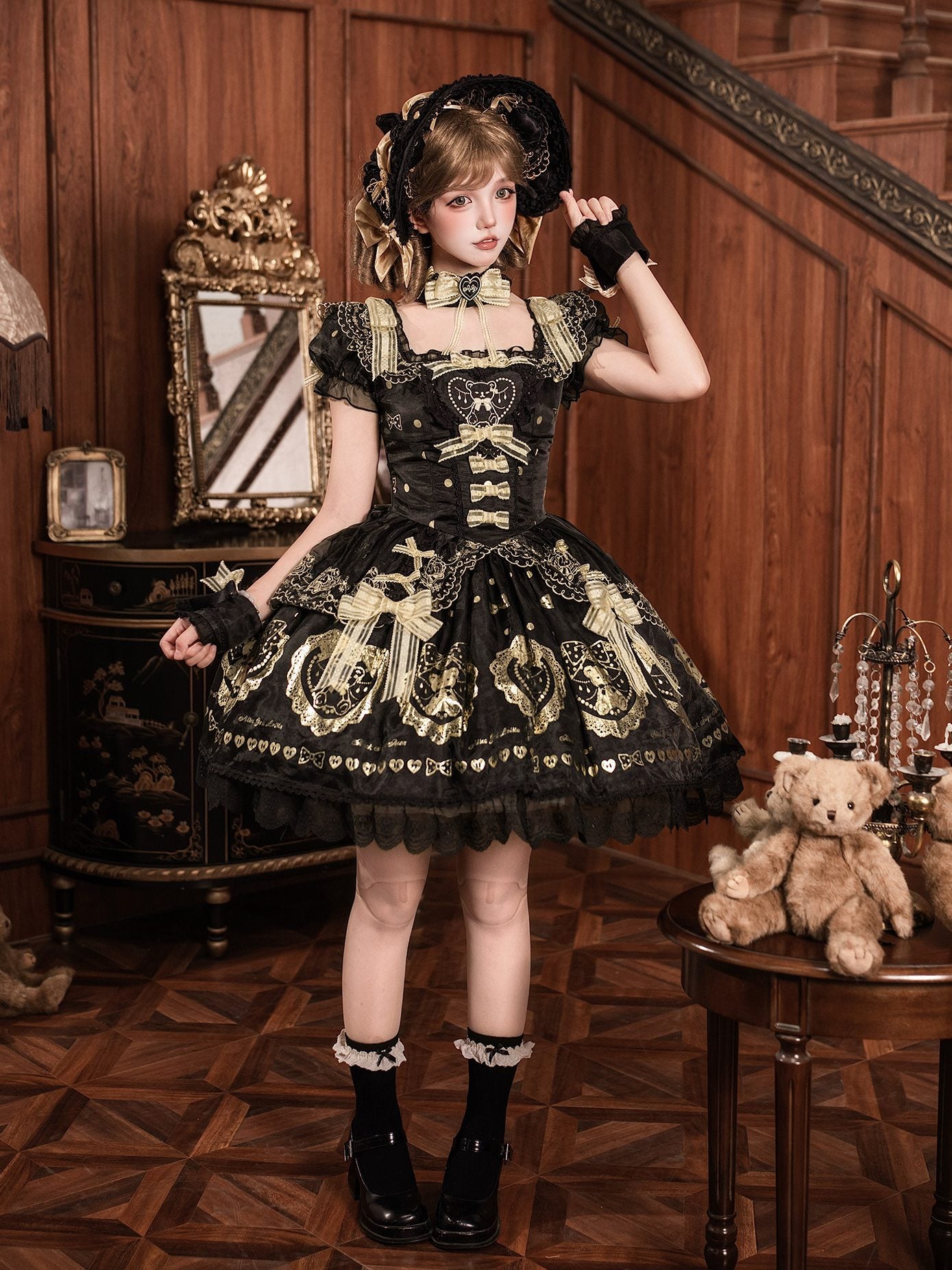 Black Sugar Bear Lolita Black & Gold Dress