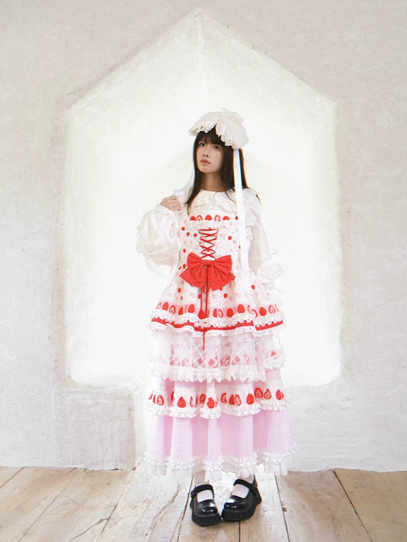 Strawberry Scent Polka Dot Floral Mini Wing Pinafore JSK Dress