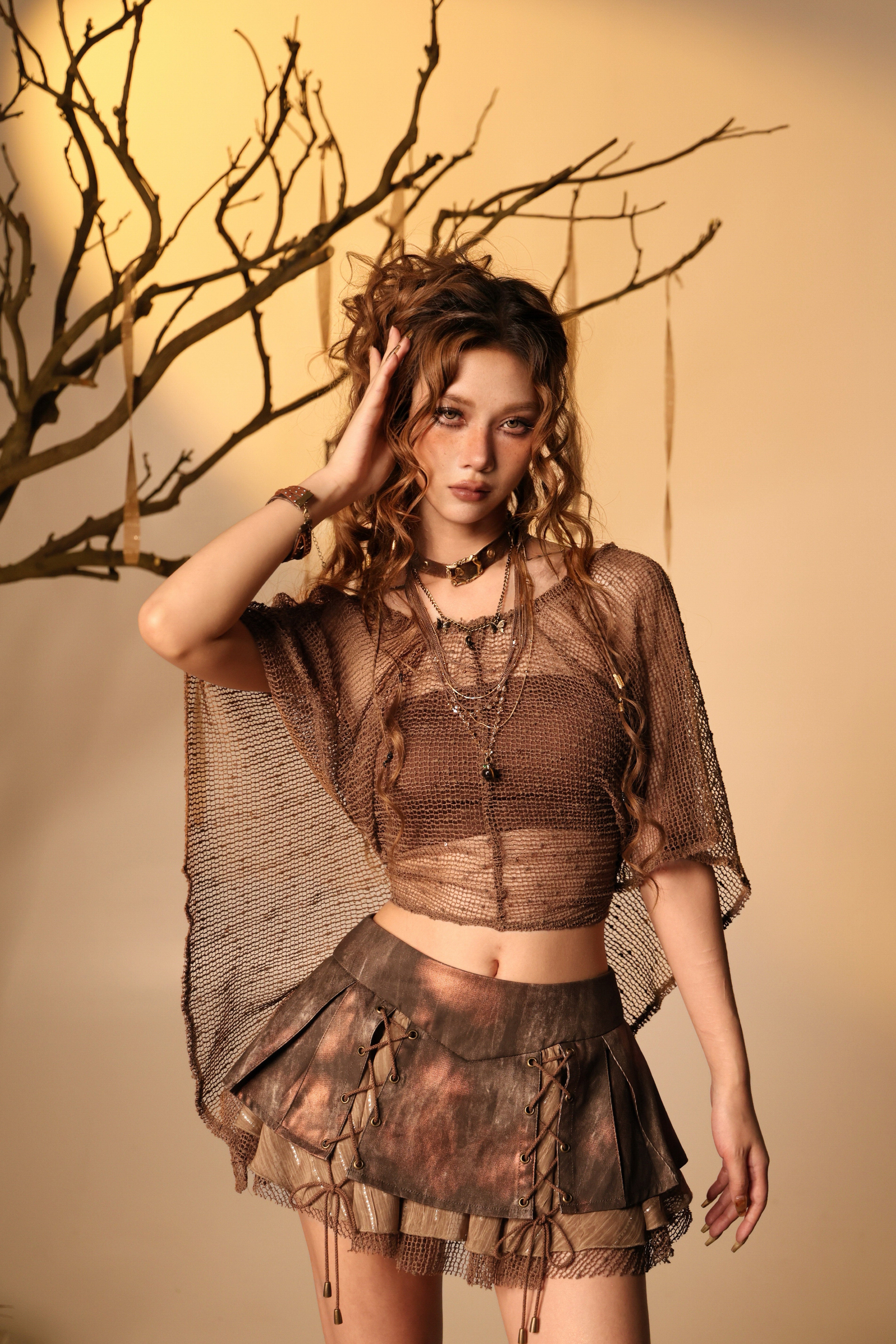Ember Wasteland Butterfly Batwing Net Mesh Shrug with Choker Chain Hardware