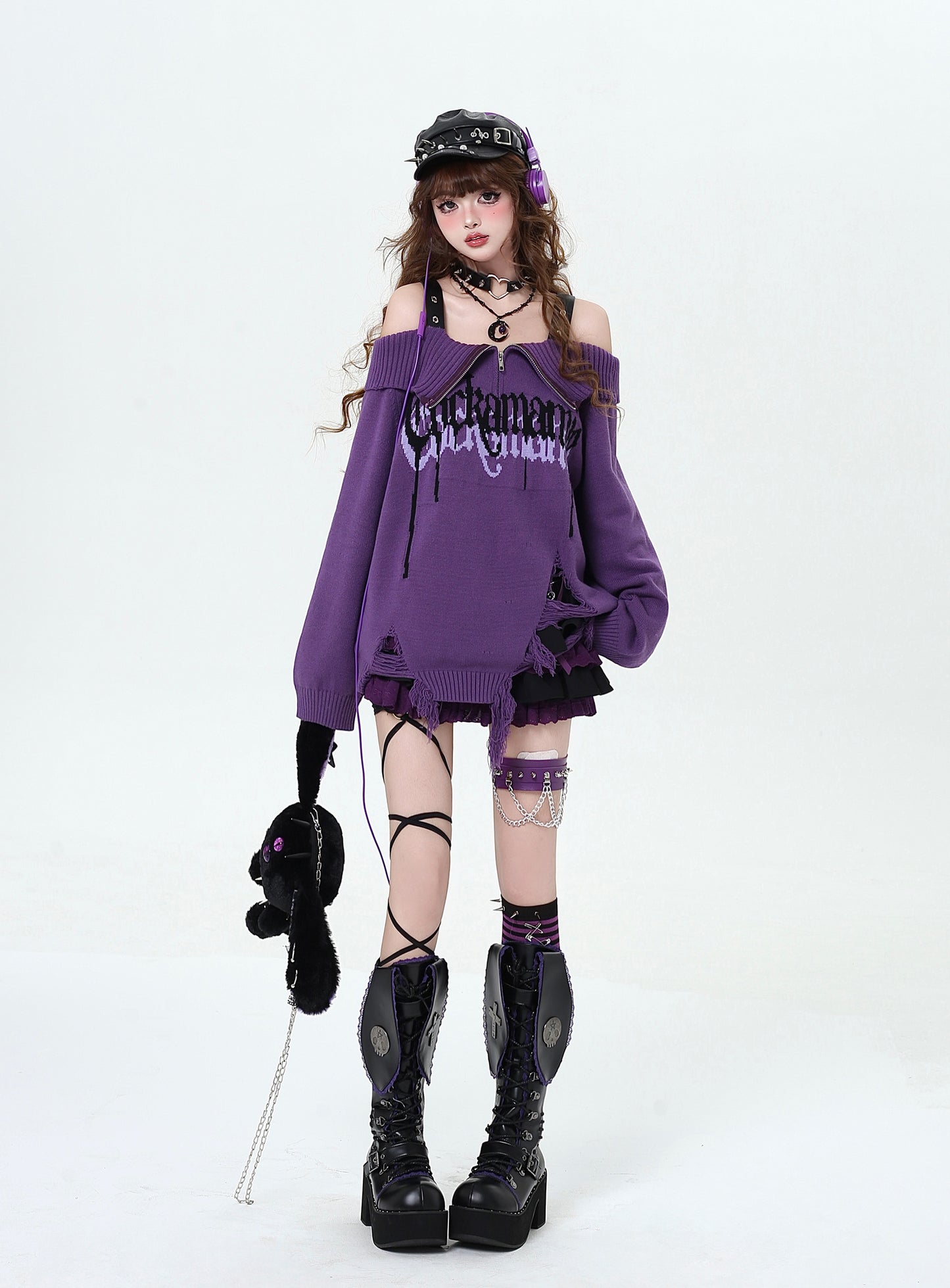 Y2K Black & Purple Off-Shoulder Sweater LE1030