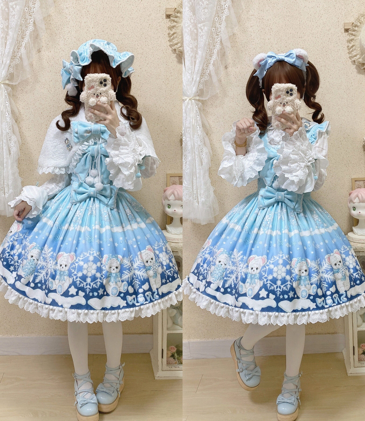 Snowflake Bear Blue Christmas Plush Lolita JSK Dress Set