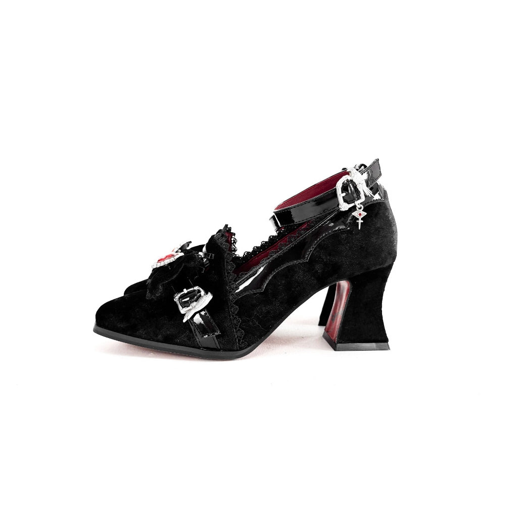 Night Banquet Black Square Toe Gothic Lolita Shoes with Ruby Bow