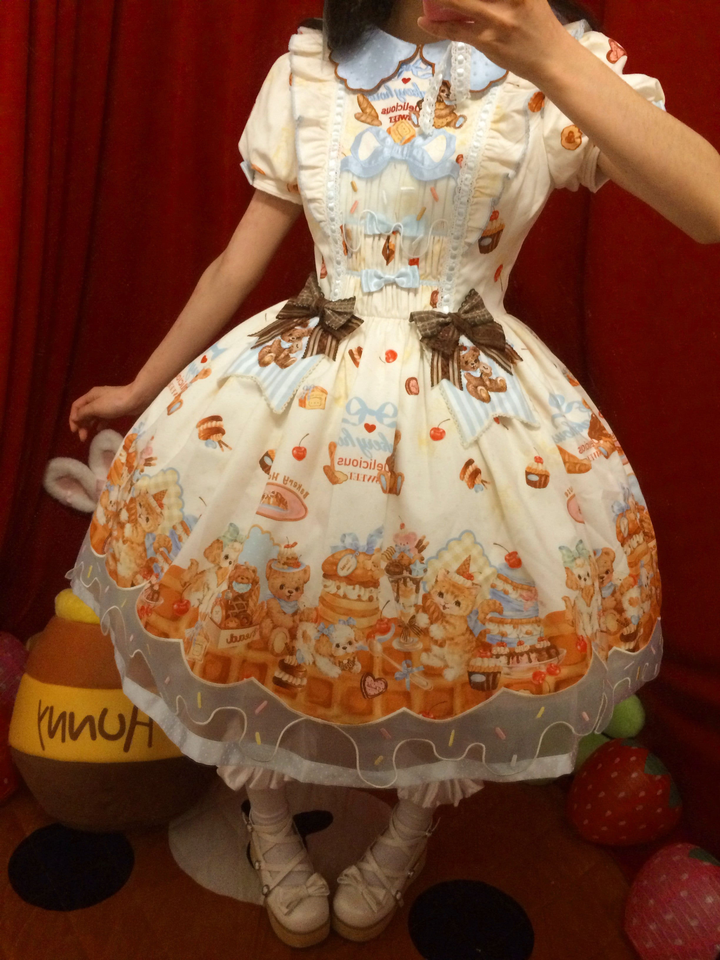 Cream Waffle Bear Lolita OP/JSK Dress