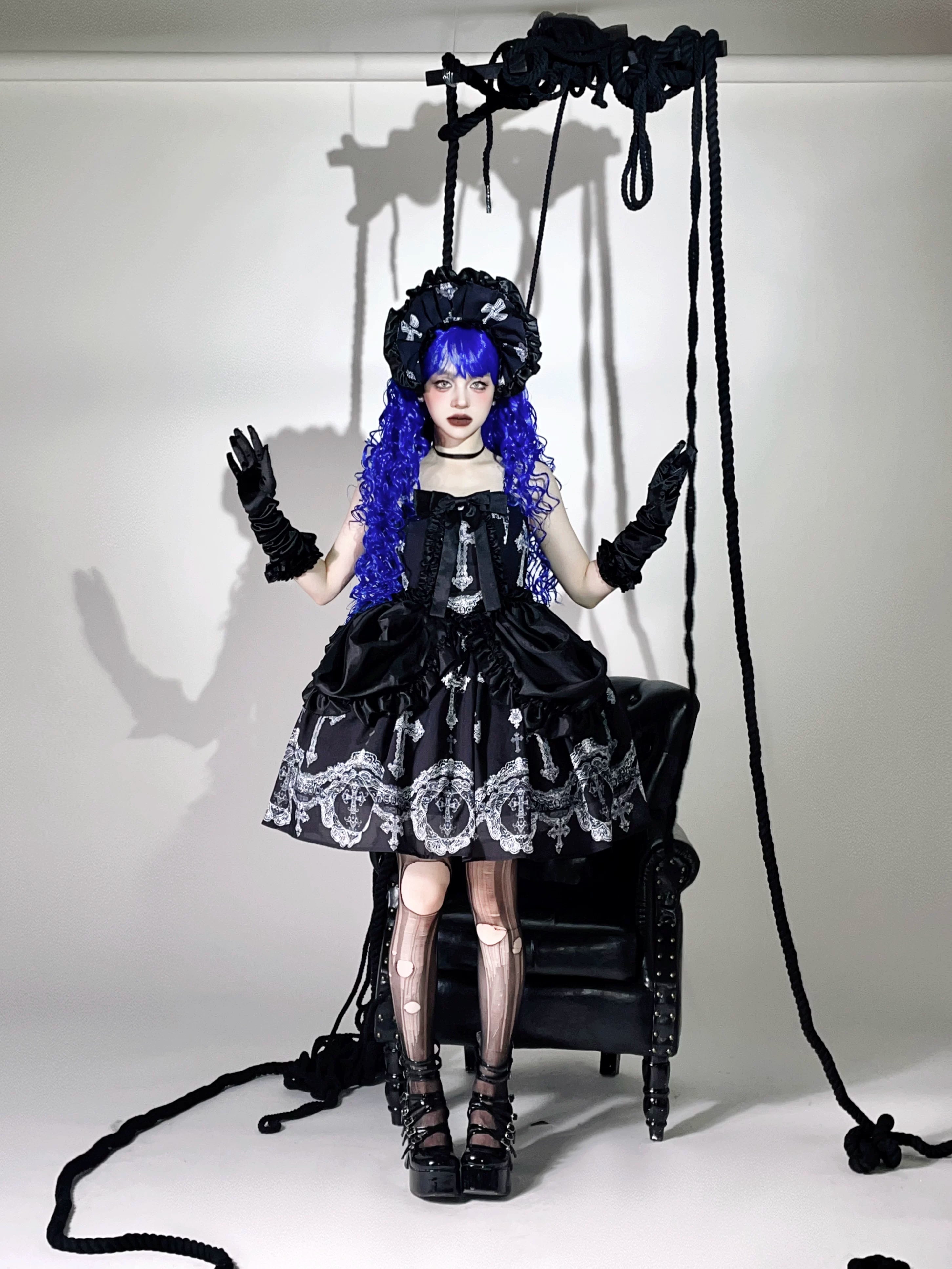 Lace Cross Gothic Lolita JSK Black Set