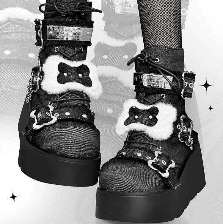 Bone Motif Denim Ankle Boots
