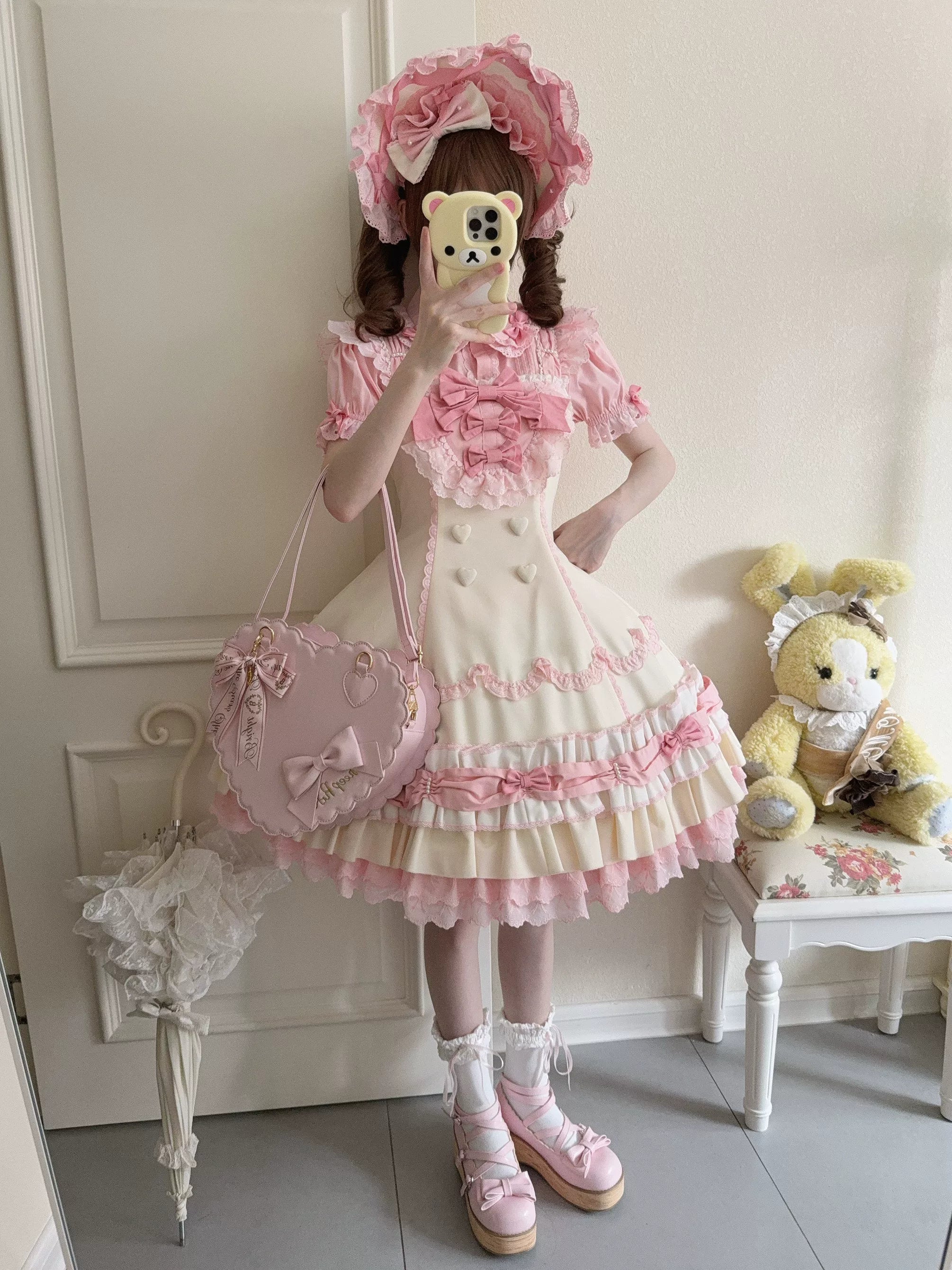 Cream Fondant Sweet Pink Retro 6-Panel Cut Original Lolita JSK