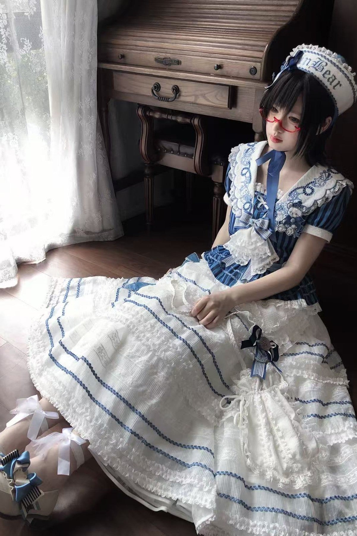 Antique Sailor Bear Blue Stripe Cropped Top Long Skirt Lolita Set