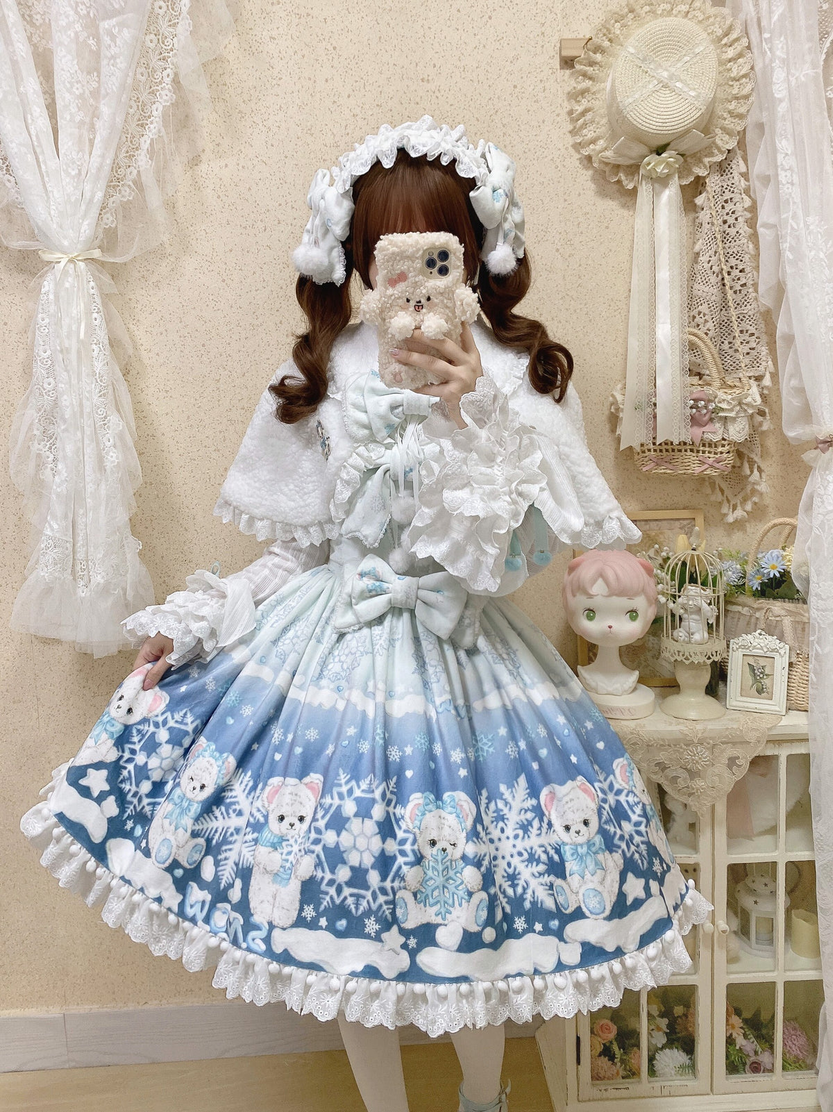 Snowflake Bear White Christmas Plush Lolita JSK Dress Set