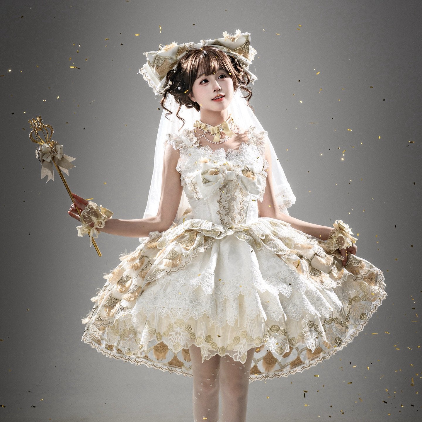 Peacock Feather SP Bridal Lolita White & Gold JSK Dress