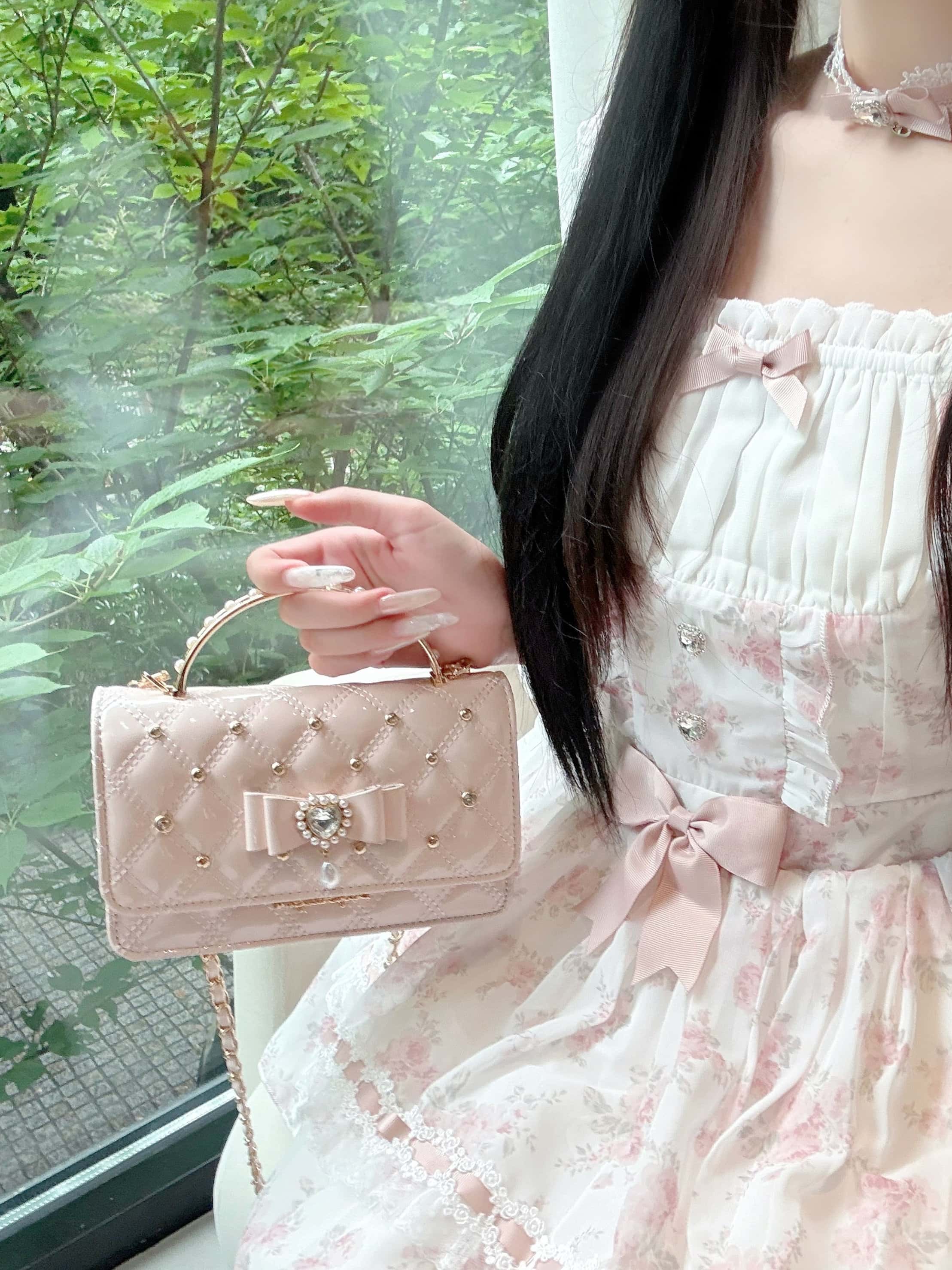 True Love Arrives Pearl Bow Heart Quilted Lolita Box Crossbody Bag