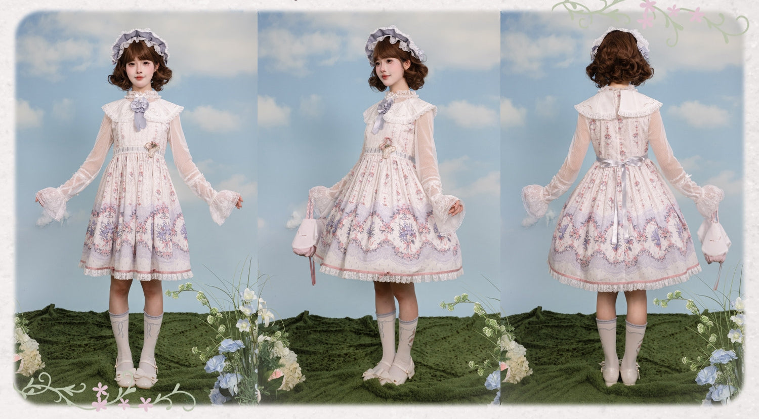 Iris Clock Lolita Flutter Sleeves Printed OP & Cut‑Work Embroidered Lapel JSK