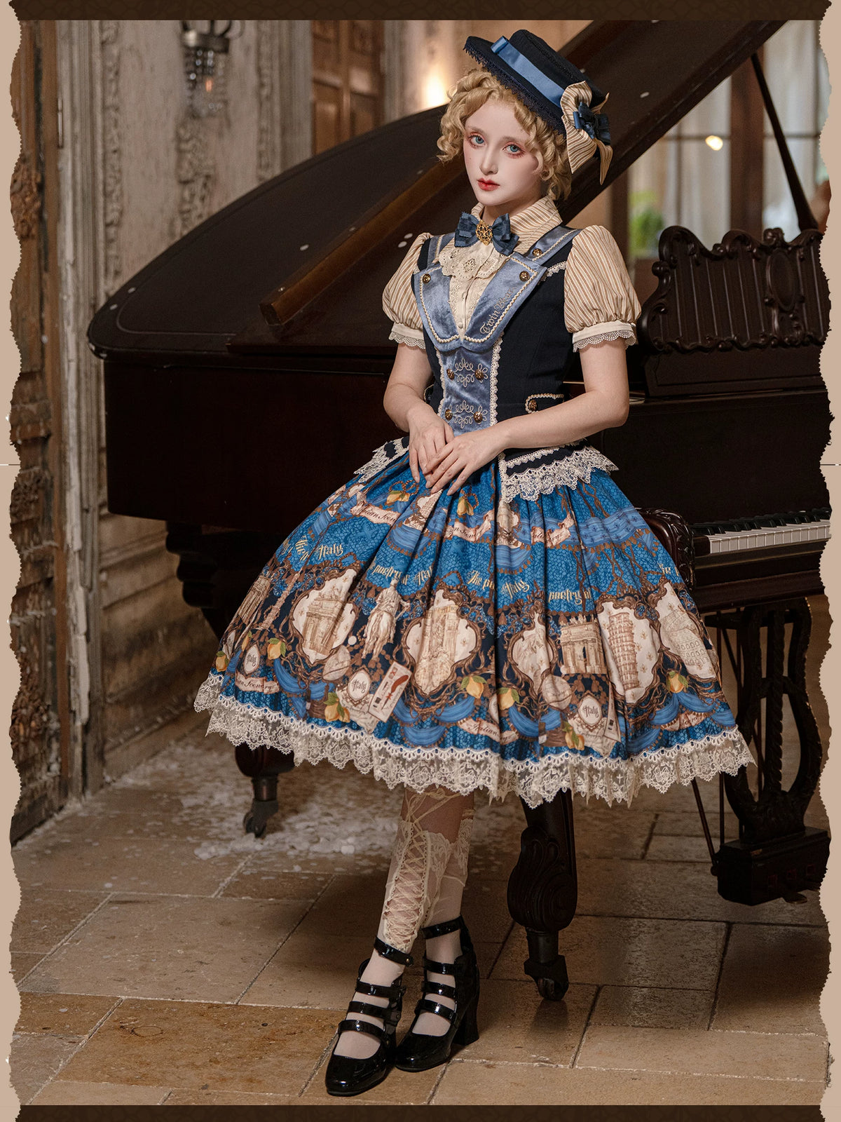 Italian Travelogue Navy British Style Lolita OP Dress and Coat