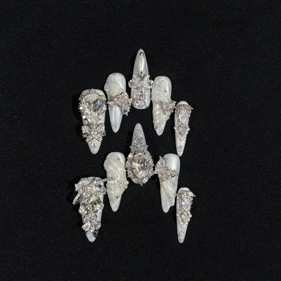 White Moonlight Silk Pearl Bridal Lolita Nail Art