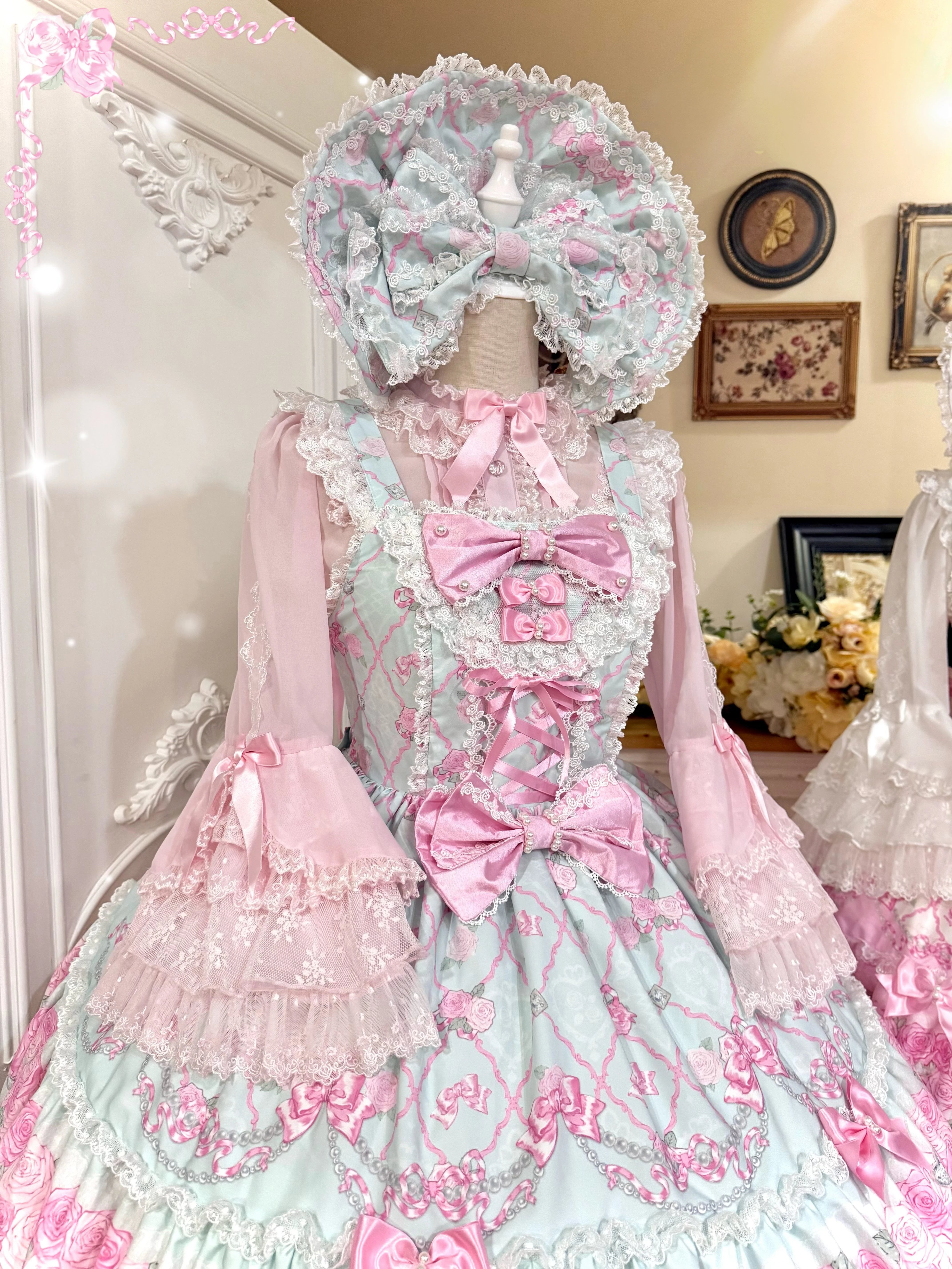 2026 Summer Rose Lattice Tiered Sweet Lolita JSK Dress with Bow Headpiece