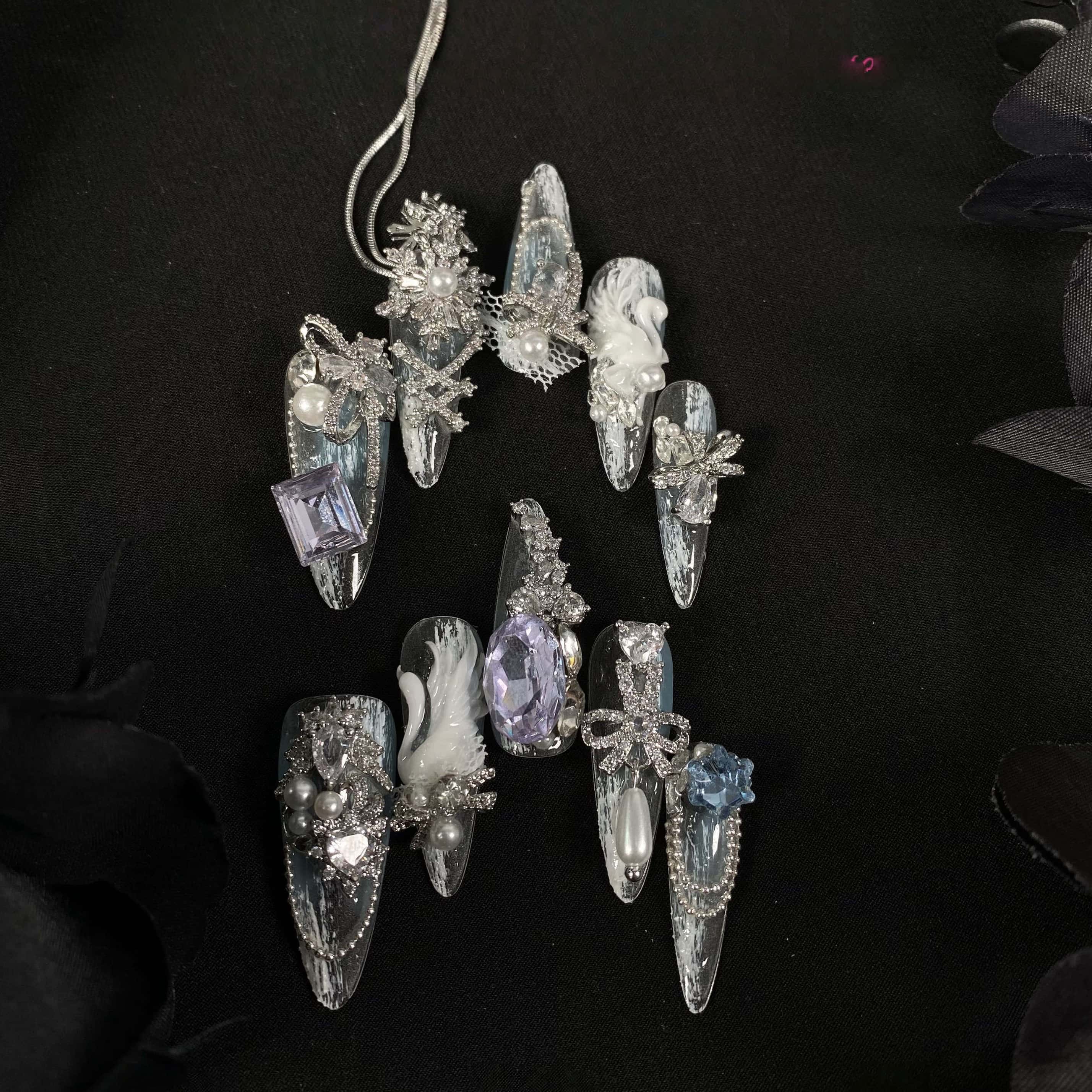 Swan Lake Ice Blue White Gradient Crystal Lolita Nail Art