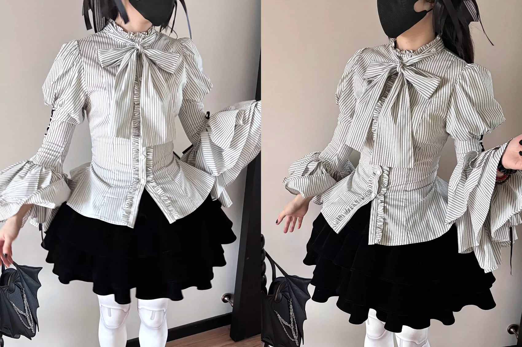 Raven Gothic Lolita Striped Flutter Sleeves Blouse