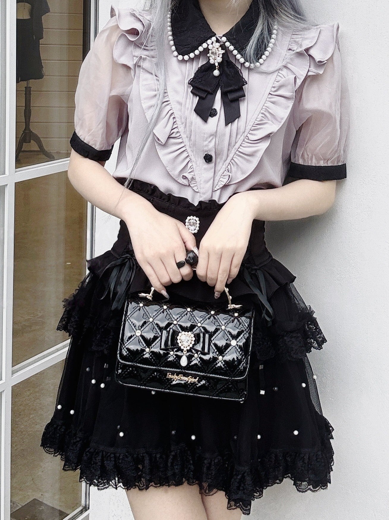True Love Arrives Pearl Bow Heart Quilted Lolita Box Crossbody Bag