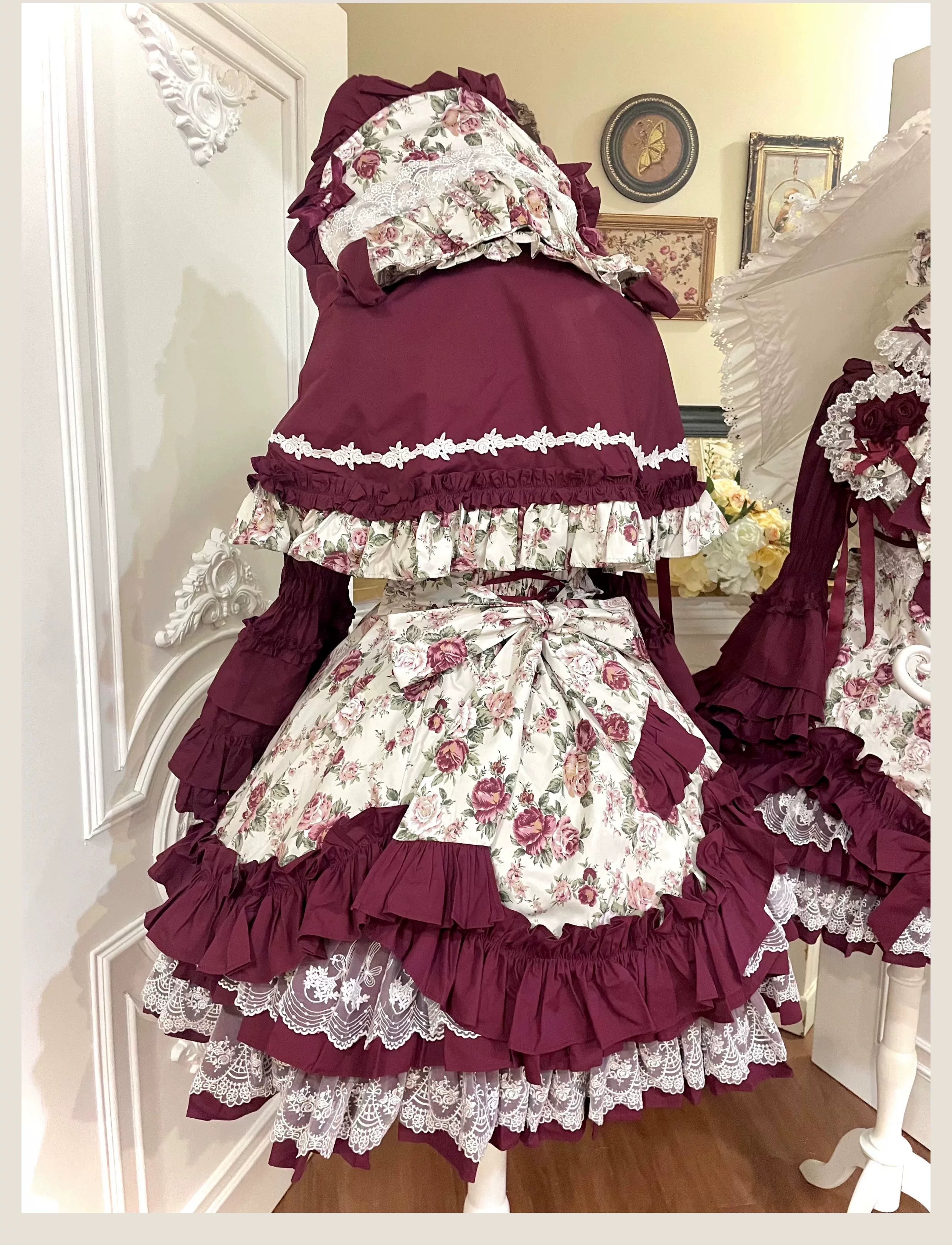 Burgundy Rose Classic Lolita JSK Vintage Japanese Rose Print