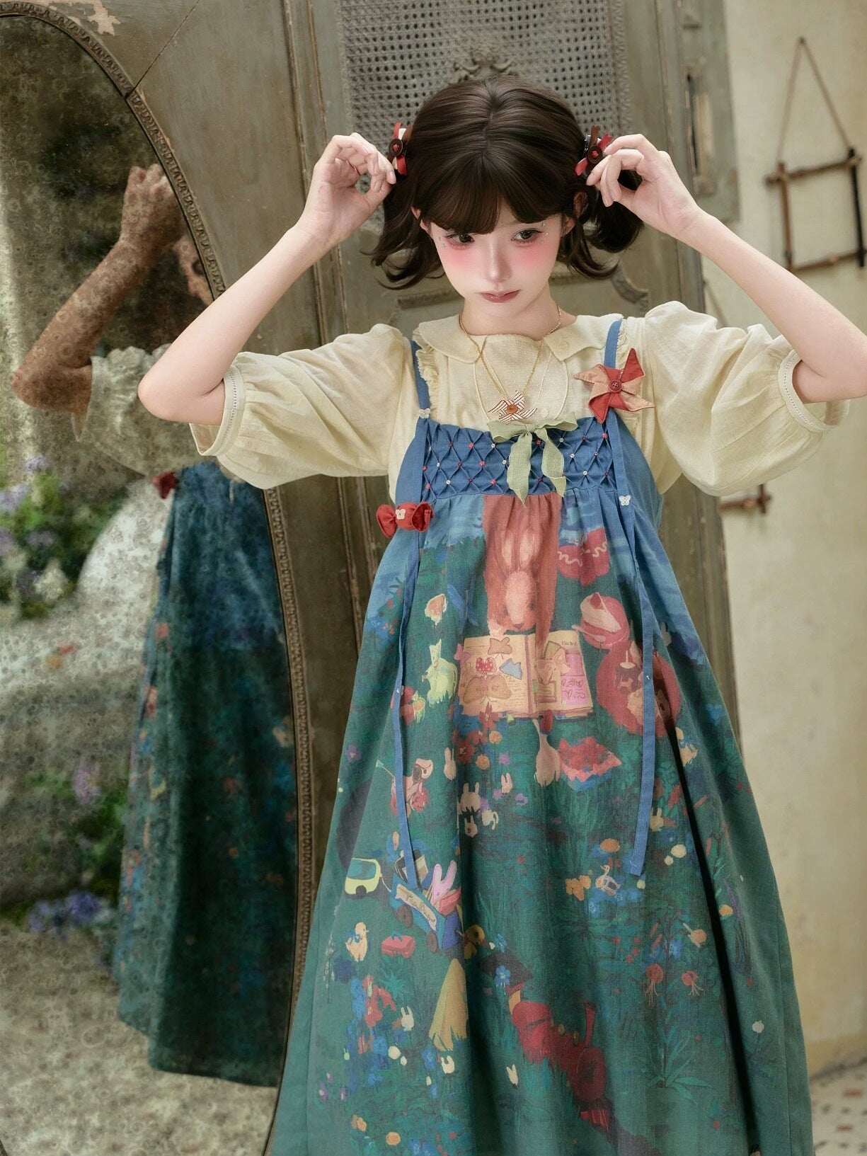 Picnic Lolita Print Vest Blouse, SK & JSK Daily Wear Outfit Set