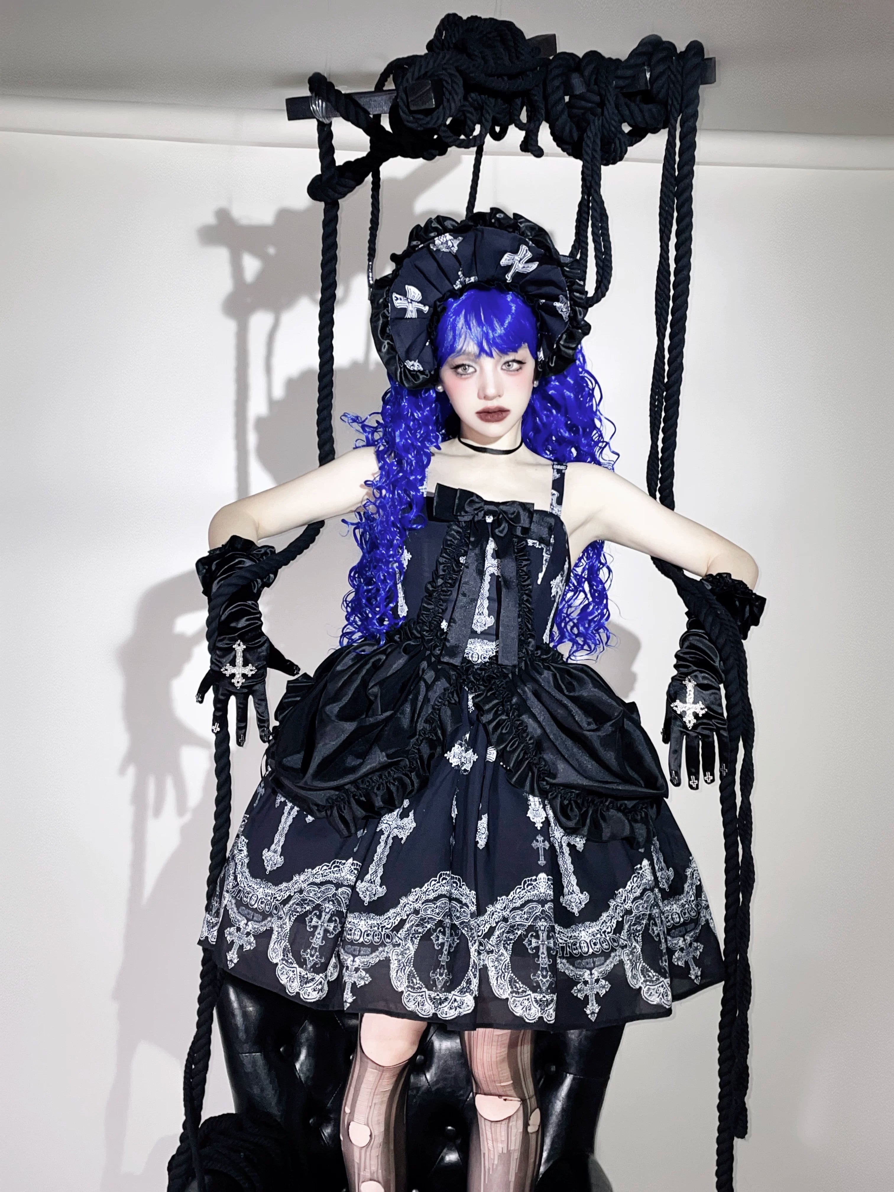 Lace Cross Gothic Lolita JSK Black Set