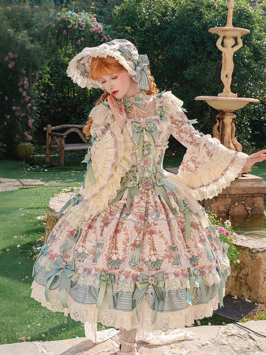 Antique Gem Fragrance Lolita Green Long Dress Set