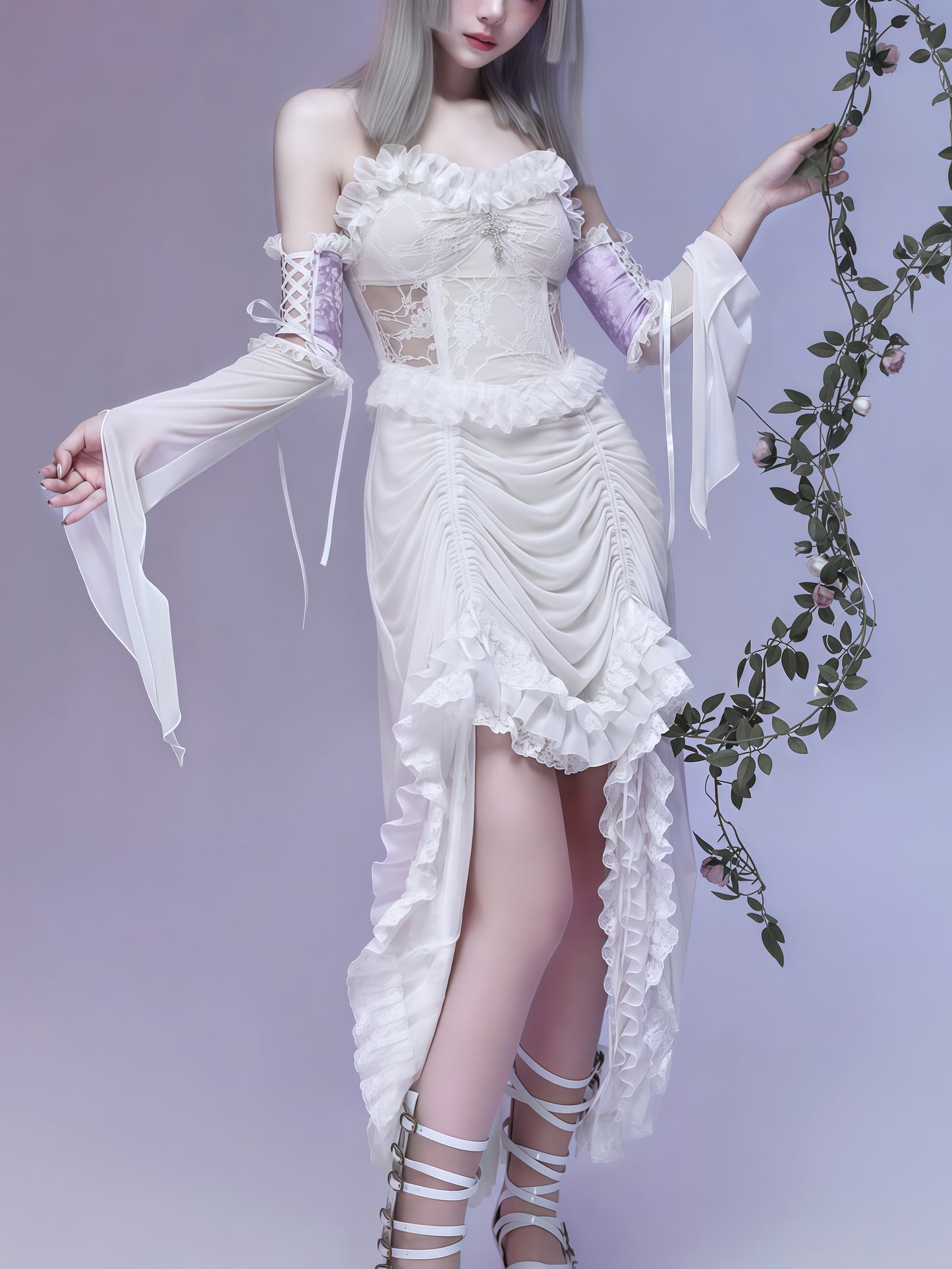 Lolita Gothic white Lace drawstring dress LG1002