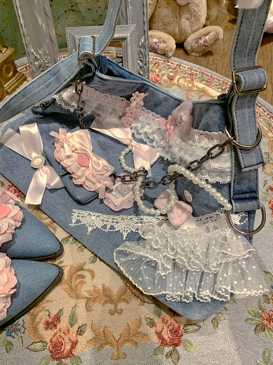 Lolita Sweet Lace Bow Denim Shoulder Bag LE8008