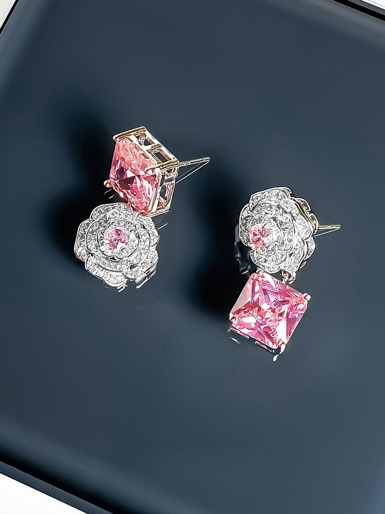 Icy Camellia Lolita Pink Crystal Gem Earrings