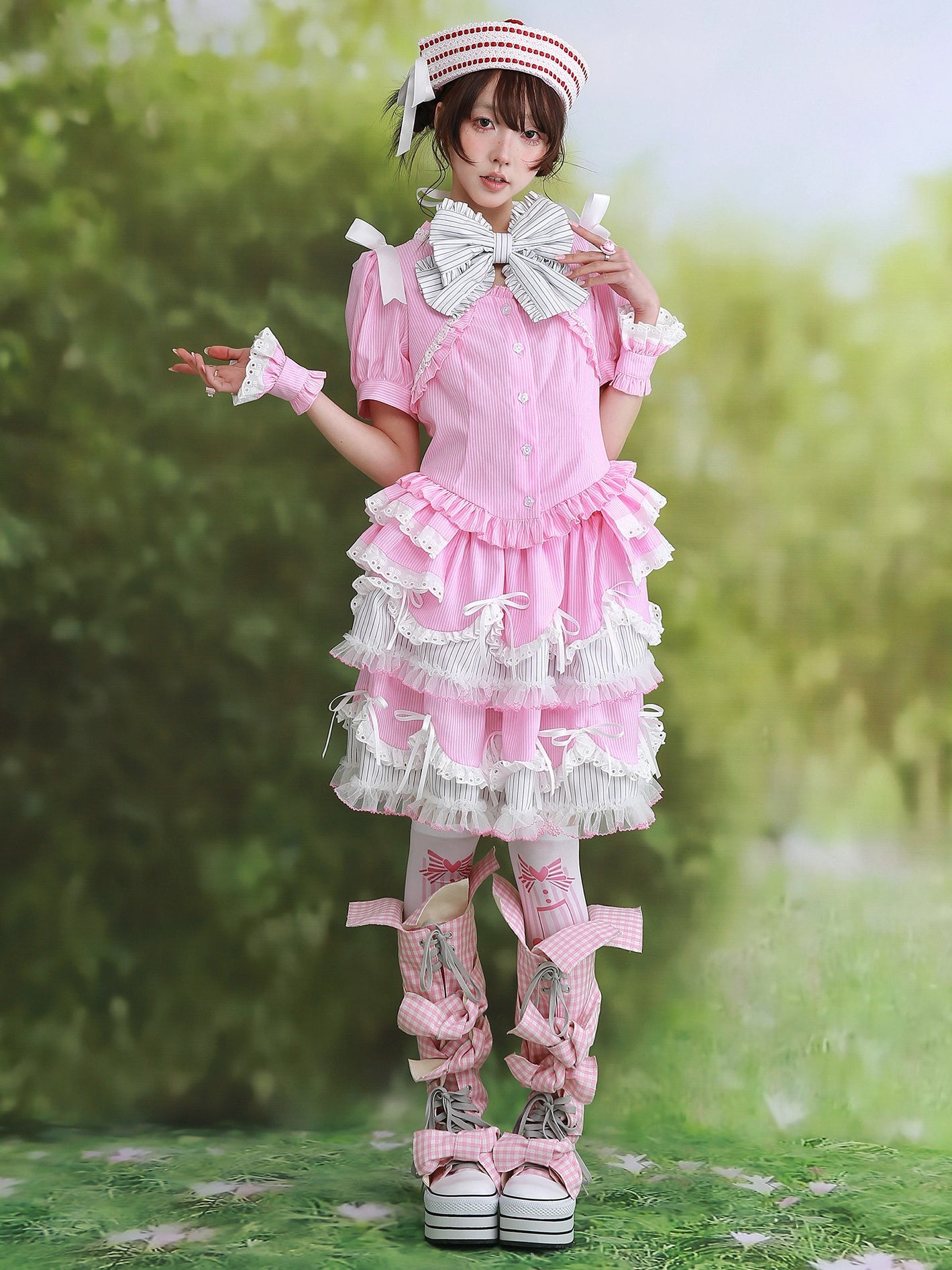 Candy Cottage Showa Retro Pink Striped Set